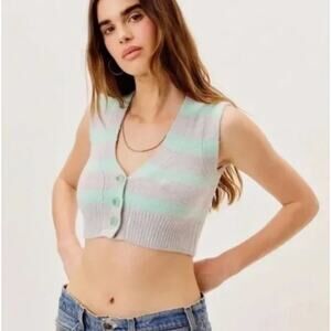 FOR LOVE & LEMONS Maud Striped Crop Sweater Vest Mint Green Gray {G24}